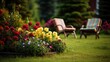 © Aliaksandra - Serene backyard garden with green grass, blooming flowers, cozy patio lounge chairs