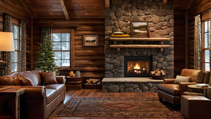 Wall Mural - Cozy cabin: Wood paneling, fireplace, and rustic furnishings, offering warmth and tranquility in a rustic retreat,Generative AI