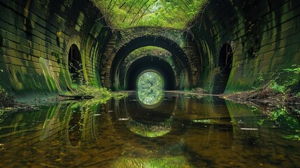 Wall Mural - A Flooded and Abandoned Tunnel Covered with Foliage