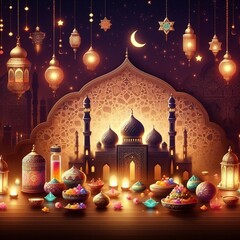 Beautiful background of the Eid Mubarak event and the Ramadan Kareem gold moon