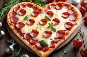 Wall Mural - Pizza with salami, cheese and herbs heart shaped for Valentine's Day on a wooden board