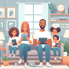 Happy family learning with digital devices at home. Device technology family online education concept, vector illustration