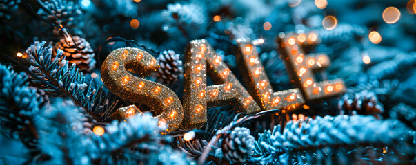 Sparkling holiday sale concept with glittery letters on a festive blue backdrop, surrounded by Christmas tree branches and twinkling lights