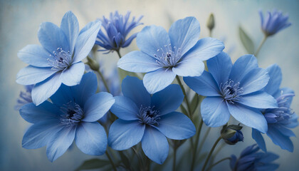  A bunch of blue flowers set against a soft textured background in varying shades of blue and the play of light and shadow creates an abstract design imbuing the image with a sense of mystery and calmn