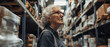 Elderly woman in contemplation amid the towering aisles of a warehouse store, embodying years of wisdom.