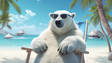 Wall Mural - Polar bear in sunglasses in a sun lounger resting on a tropical beach.	
