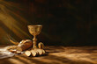 Communion chrétienne, protestante ou catholique. Le pain est le corps du Christ, le vin le sang de Jésus.  Du pain, du vin dans un calice, et un ostensoir pour l'eucharistie, tissu blanc et épi de blé