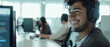 © Ai Studio - Smiling customer support operator with headset, working in busy office environment.