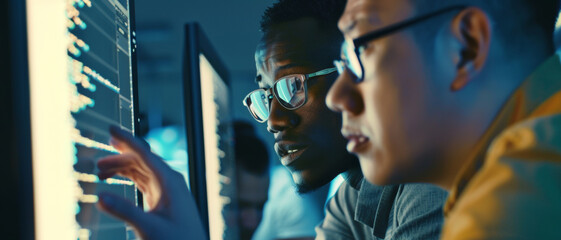 Wall Mural - two tech professionals intently analyzing data on computer screens in a high-tech office.