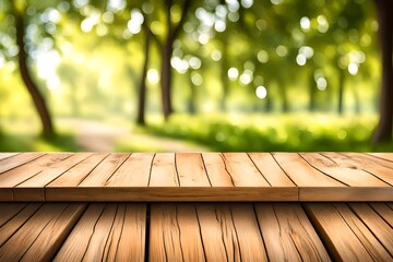 Empty wooden deck table over green meadow bokeh background for product montage display. Spring or summer season concept