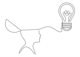 Wall Mural - Continuous one drawn line of a man thinking with light bulb in front of his head. Allegory of solution and creative search. Minimalism concept of idea and creativity.