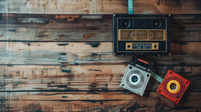 Top view hero header - retro technology of radio cassette recorder music with retro tape cassette on wood table. Vintage color effect styles.