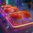 Close up of a futuristic sushi platter with neon lit rice and holographic fish floating above a smart table