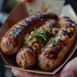 Close up of a German bratwurst with interactive condiments that change flavors based on diner preferences
