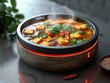 Futuristic Thai curry served in a self heating bowl ingredients dynamically rearranging for perfect bites