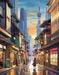 digital art of Japan Urban cityscape with bustling street life