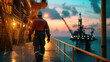 © Александр Марченко - An oil rig worker walks along the platform with an offshore drilling rig in the background during a vibrant sunset.