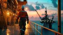 An Oil Rig Worker Walks Along The Platform With An Offshore Drilling Rig In The Background During A Vibrant Sunset.