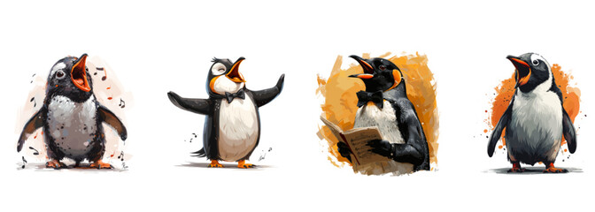 Penguin vector. Penguin Opera Singer Performing, Musical Bird Vector Art. animal cartoon character illustration set