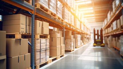 Retail warehouse full of shelves with goods in cartons, with pallets and forklifts.	
