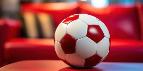 Red soccer ball on grass with white markings, isolated on a field, representing the game of football