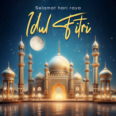 Poster - Eid al Fitr poster template with mosque and beautiful night sky background