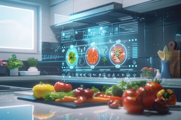 Modern Kitchen with Holographic Food Analysis and Futuristic Cooking Technology