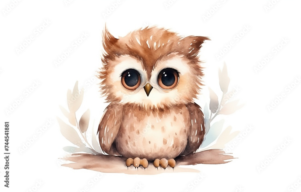 watercolor cartoon illustration, cute owl baby big eyes, white ...