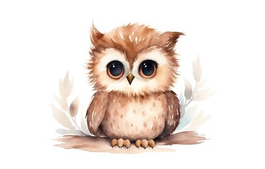  watercolor cartoon illustration, cute owl baby big eyes, white background, Generative Ai