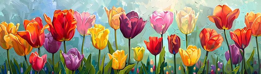 Colorful painted tulips in a panoramic oil painting with a textured finish.