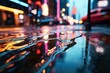 Close-up of raindrops hitting a city puddle, with blurred neon signs reflecting on the surface