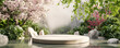 A podium set against a peaceful garden scene, perfect for promoting relaxation, wellness, or nature-inspired products
