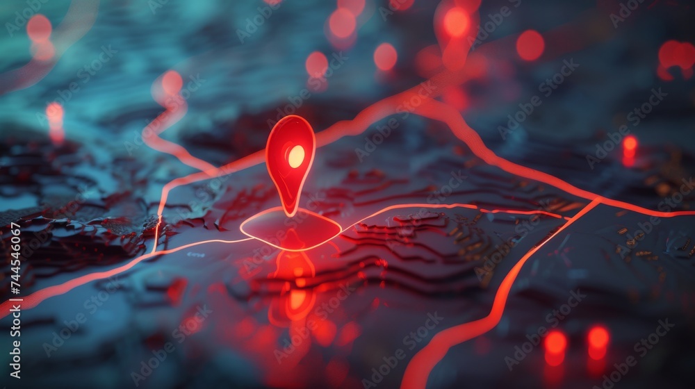 A glowing red location pin on a futuristic digital map, representing ...