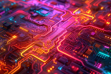 artistic rendering of a PCB with emphasis on the traces as pathways in a digital city using vibrant colors and dynamic lighting to create a visually striking tech inspired background