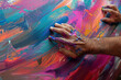 © JR-50 - dynamic image of an artists hands in motion painting vibrant strokes on a canvas in a studio filled with natural light embodying the flow of creative inspiration