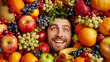 Man surrounded by fruits and vegetables