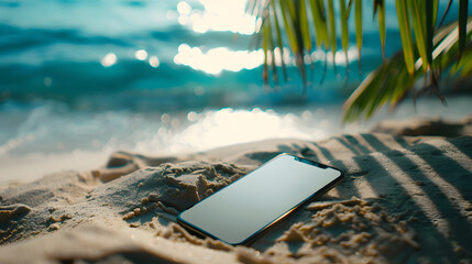 Wall Mural - Isolated smartphone device underwater buried in sand in tropical paradise beach with blank empty white screen, travel vacation communication technology concept