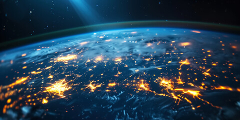 Wall Mural - big city lights view from space. planet earth globe with night realistic world map. communication co