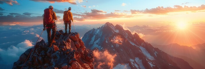 Wall Mural - A group of mountain climbers at the mountain top against the backdrop of a scenic landscape.