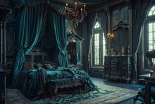 Hauntingly Beautiful Gothic Bedroom Draped In Rich Fabrics And Adorned With Antique Furniture.