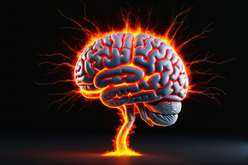 Poster - Illustration of a front view of brain on fire, disease concept like Parkinson, Alzheimer, dementia or multiple sclerosis