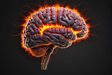 Poster - Illustration of a front view of brain on fire, disease concept like Parkinson, Alzheimer, dementia or multiple sclerosis