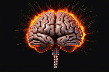 Poster - Illustration of a front view of brain on fire, disease concept like Parkinson, Alzheimer, dementia or multiple sclerosis