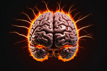 Poster - Illustration of a front view of brain on fire, disease concept like Parkinson, Alzheimer, dementia or multiple sclerosis