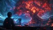 Gamers who are interested in playing games on their computers. Surrounded by a fantasy world Includes demonic trees, dragons, and magic with digital neon lines. Imagination of the world of gaming
