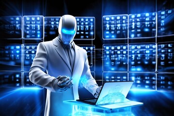 android robot works with computer and data against background of abstract digital space with holographic elements and lights, cyber future