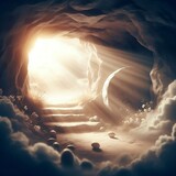 Fototapeta Perspektywa 3d - Easter resurrection background, with an empty stone tomb and light rays from the clouds generative ai