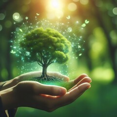 Wall Mural -  hand-holding tree on blur green nature background. concept eco earth day generative ai