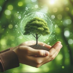 Wall Mural -  hand-holding tree on blur green nature background. concept eco earth day generative ai