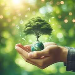 Wall Mural -  hand-holding tree on blur green nature background. concept eco earth day generative ai